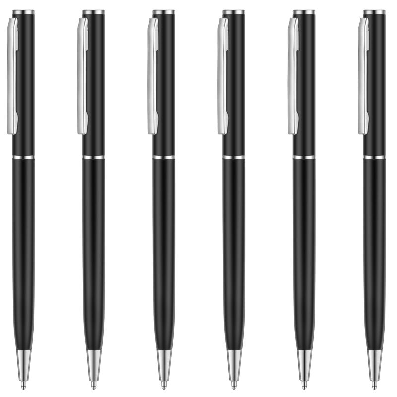 Unibene 6 Pack Slim Metallic Retractable Ballpoint Pens - Matte Black & Chrome Metallic Retractable, 1.0mm Medium Point Black Ink with 6 Stainless Steel Refills for Business Office, Gift - Image 1